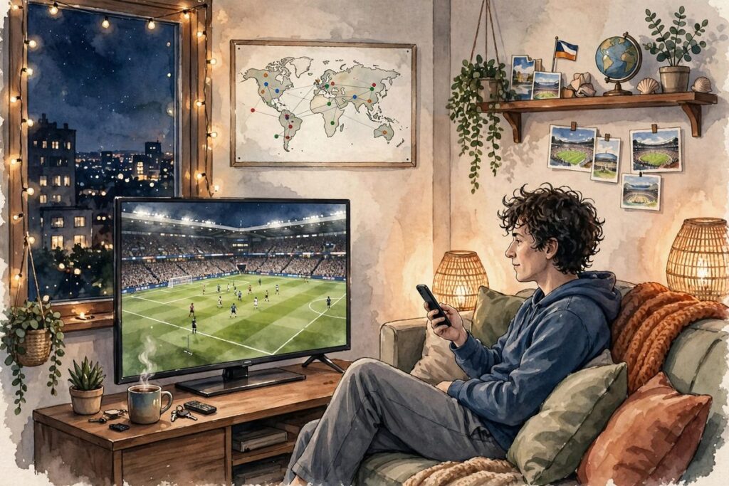 Ilustración: un hincha argentino viendo fútbol en casa desde el exterior, con el teléfono en la mano