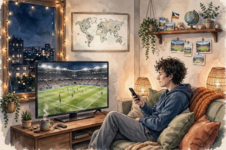 Hincha argentino viendo fútbol en su casa con el teléfono en la mano