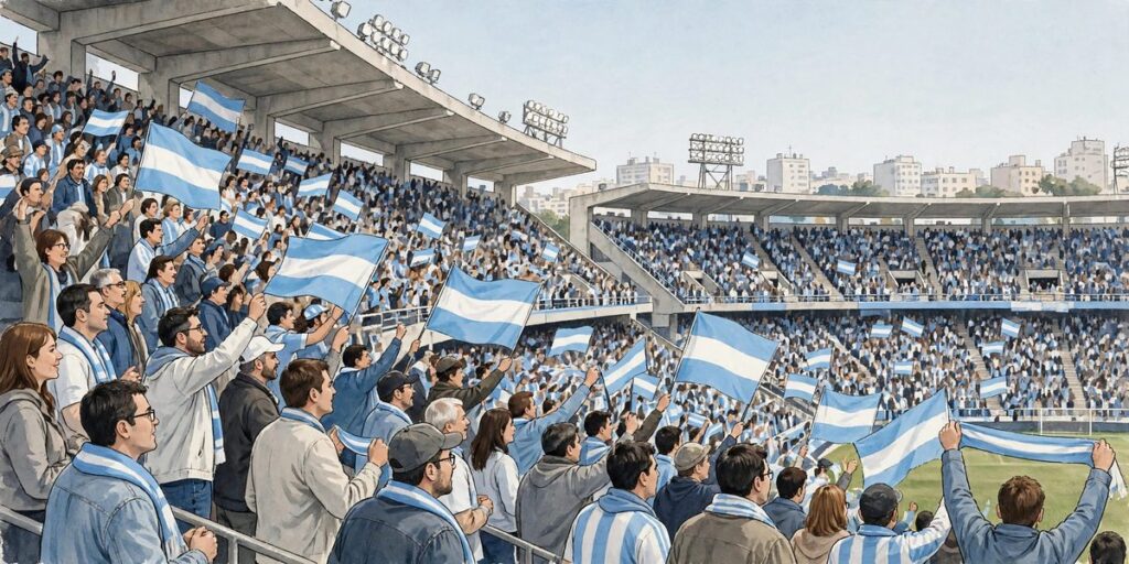 Ilustración: hinchas argentinos en un estadio con banderas celestes y blancas