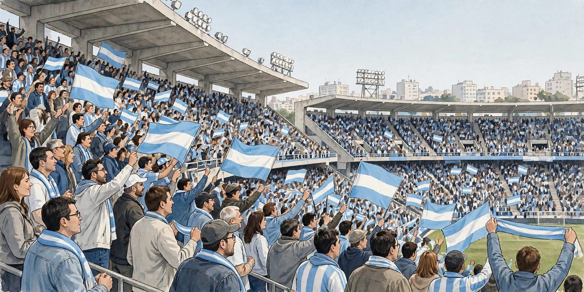 Ilustración: hinchas argentinos en un estadio con banderas celestes y blancas