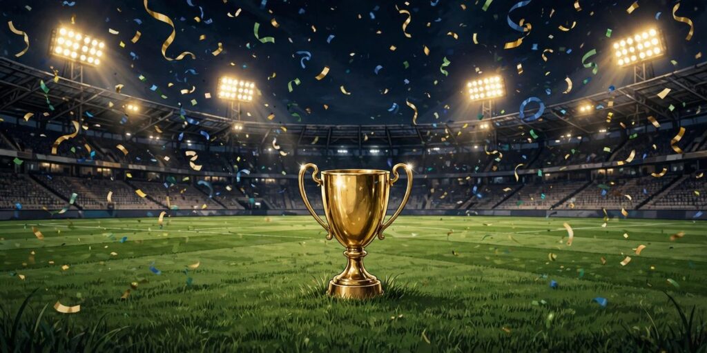 Ilustración: un trofeo dorado genérico sobre el césped de un estadio bajo las luces