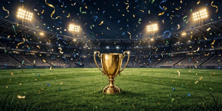Ilustración: un trofeo dorado genérico sobre el césped de un estadio bajo las luces