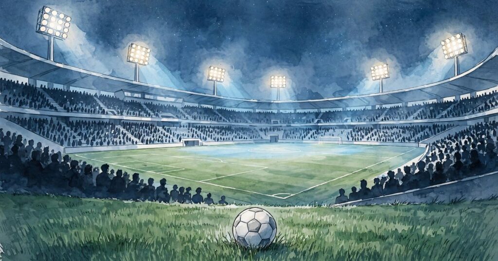 Ilustración editorial de un estadio de fútbol argentino bajo las luces, con un balón en el césped